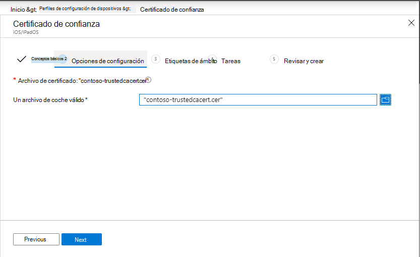 Cree un perfil de certificado de confianza para dispositivos iOS/iPadOS en Microsoft Intune y Intune centro de administración.