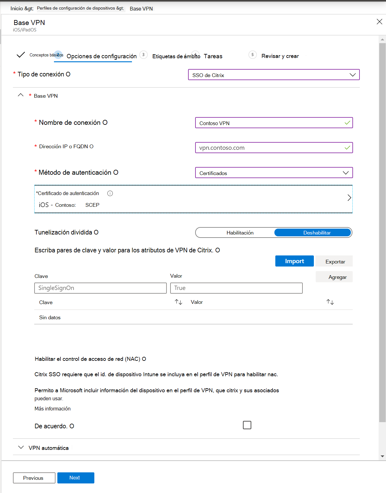 Captura de pantalla que muestra un perfil de VPN por aplicación, una dirección IP o un FQDN, un método de autenticación y una tunelización dividida en Microsoft Intune y Intune centro de administración.