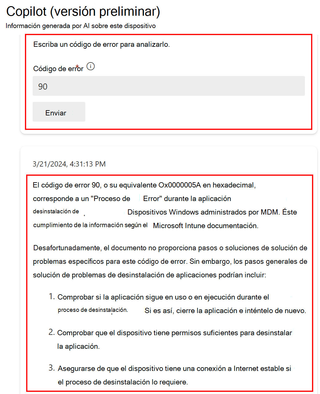 Captura de pantalla que muestra la característica Analizar un código de error en Copilot después de seleccionar un dispositivo en Microsoft Intune o Intune centro de administración.