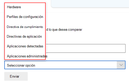 Captura de pantalla que muestra el símbolo del sistema de comparación de Copilot después de seleccionar un dispositivo en Microsoft Intune o Intune centro de administración.