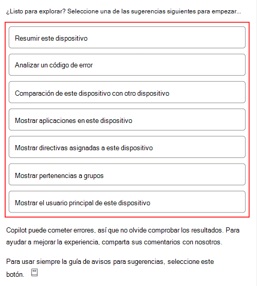 Captura de pantalla que muestra las solicitudes de ejemplo de Copilot después de seleccionar un dispositivo en Microsoft Intune o Intune centro de administración.