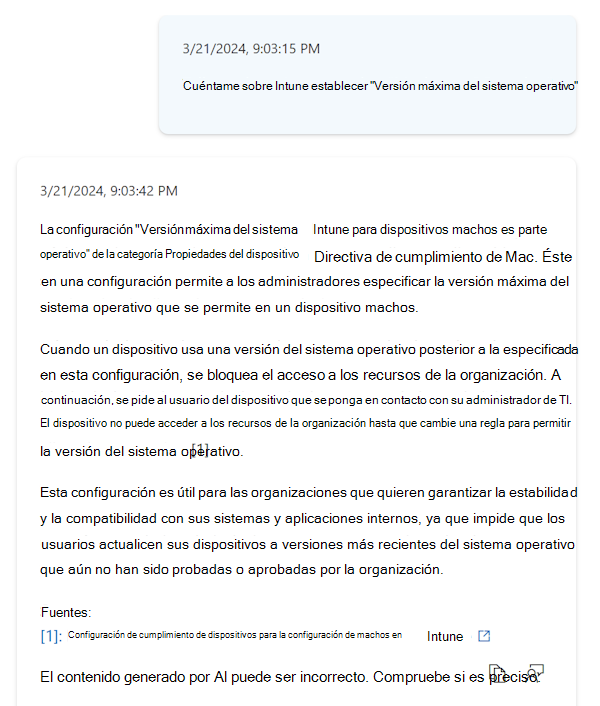 Recorte de pantalla que muestra más información acerca de una configuración al seleccionar la información sobre herramientas de Copilot en una directiva de cumplimiento en Microsoft Intune centro de administración.