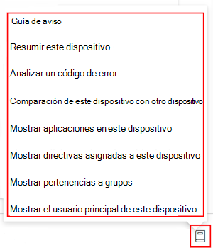 Captura de pantalla que muestra la guía de avisos de Copilot después de seleccionar un dispositivo en Microsoft Intune o Intune centro de administración.