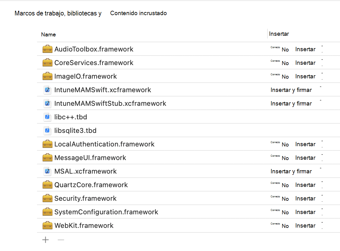 Intune App SDK para iOS Framework: Xcode Frameworks, Libraries y Embedded Content sample