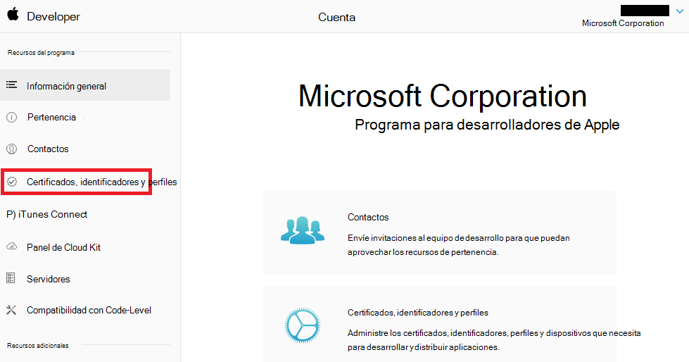 Portal para desarrolladores de Apple: certificados, identificadores & perfiles