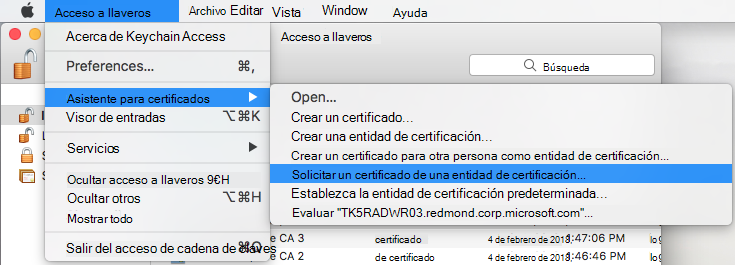 Solicitud de un certificado de una entidad de certificación en acceso de cadena de claves