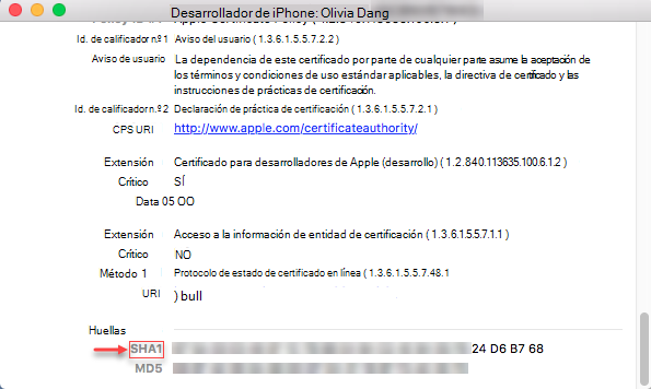 Información de iPhone: cadena SHA1 de huellas digitales