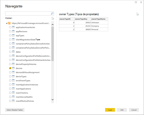 Captura de pantalla del navegador: lista de tablas de Data Warehouse.