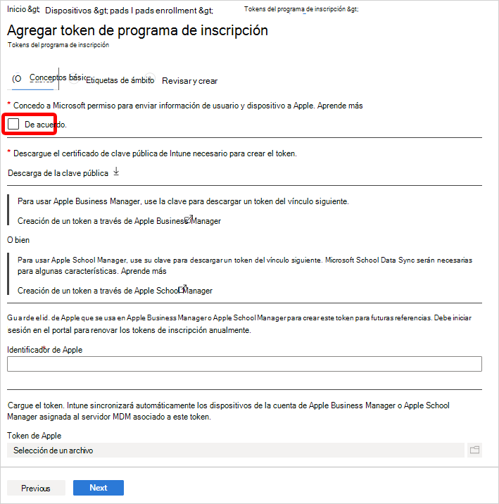 Captura de pantalla en la que se muestra la pantalla Agregar el token del programa de inscripción.