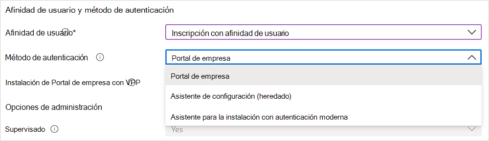 Captura de pantalla de las opciones del método de autenticación.