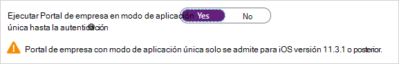 Captura de pantalla en la que se muestra la opción para ejecutar Portal de empresa en modo Una aplicación.