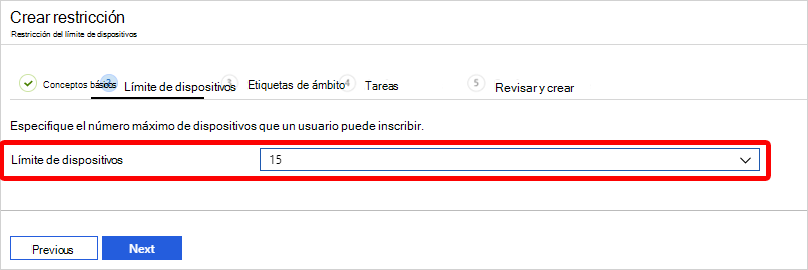 Captura de pantalla que muestra cómo elegir un límite de dispositivo.