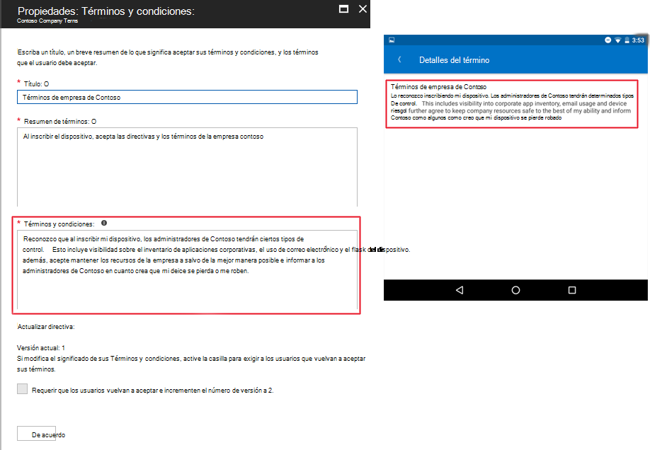 Imagen de ejemplo del mensaje de términos y condiciones redactado en Intune y, a continuación, su aspecto en Portal de empresa.