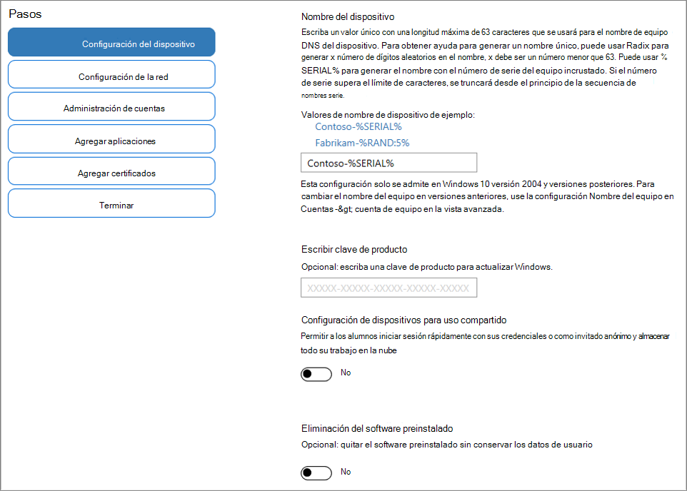 Captura de pantalla de la especificación de nombre y clave de producto en la aplicación Windows Configuration Designer