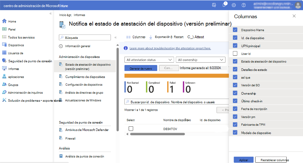 Captura de pantalla del informe de atestación de dispositivos