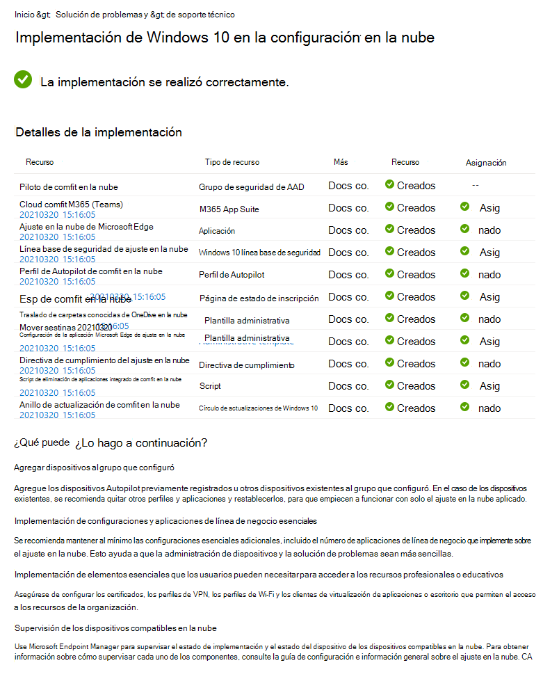 Captura de pantalla que muestra cómo revisar el estado de implementación del escenario guiado de configuración de Windows 10/11 en la nube en Microsoft Intune.