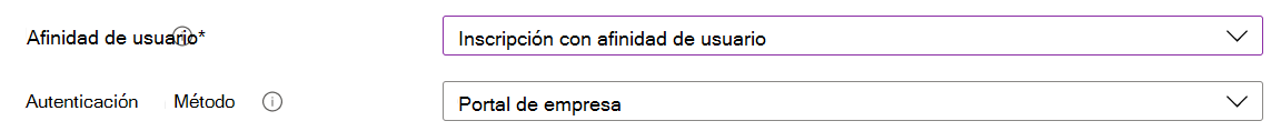 En el centro de administración de Intune y Microsoft Intune, inscriba dispositivos iOS/iPadOS mediante la inscripción automatizada de dispositivos (ADE). Seleccione Inscribir con afinidad de usuario y use la aplicación Portal de empresa para la autenticación.