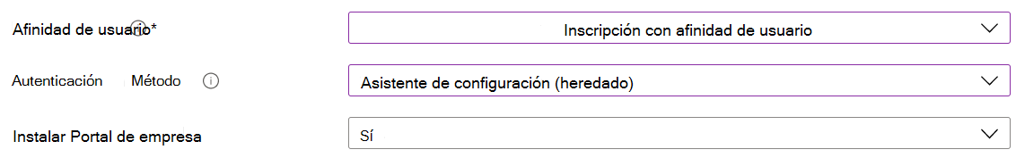 En el centro de administración de Intune y Microsoft Intune, inscriba dispositivos iOS/iPadOS mediante la inscripción automatizada de dispositivos (ADE). Seleccione Inscribir con afinidad de usuario, use el Asistente para la instalación para la autenticación e instale la aplicación Portal de empresa.