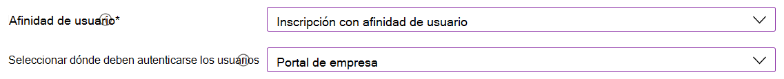 En el centro de administración de Intune y Microsoft Intune, inscriba dispositivos iOS/iPadOS mediante Apple Configurator. Seleccione Inscribir con afinidad de usuario y use la aplicación Portal de empresa para la autenticación.