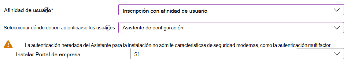 En el centro de administración de Intune y Microsoft Intune, inscriba dispositivos iOS/iPadOS mediante Apple Configurator. Seleccione Inscribir con afinidad de usuario, use el Asistente para la instalación para la autenticación e instale la aplicación Portal de empresa.