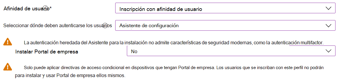 En el centro de administración de Intune y Microsoft Intune, inscriba dispositivos iOS/iPadOS mediante Apple Configurator. Seleccione Inscribir con afinidad de usuario, use el Asistente para la instalación para la autenticación y no instale la aplicación de Portal de empresa.