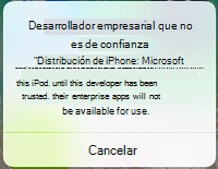 Captura de pantalla del mensaje de la aplicación iOS sobre un desarrollador empresarial que no es de confianza.