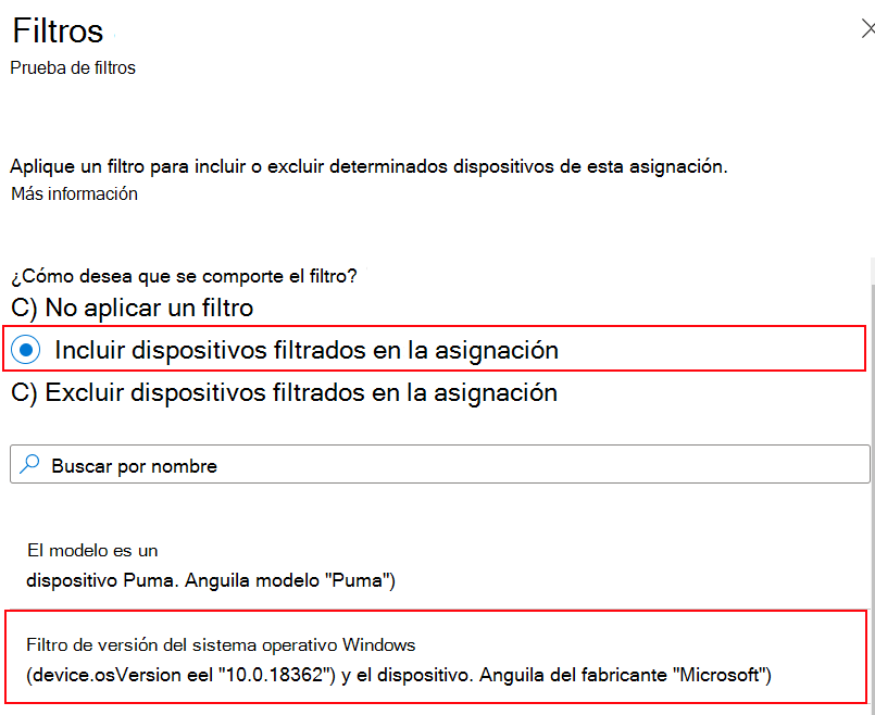 Captura de pantalla que muestra cómo incluir el filtro al asignar una directiva en Microsoft Intune.