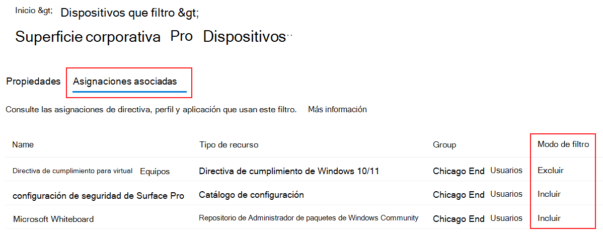 Captura de pantalla que muestra las pestañas de asignación asociadas para un filtro existente en Microsoft Intune.