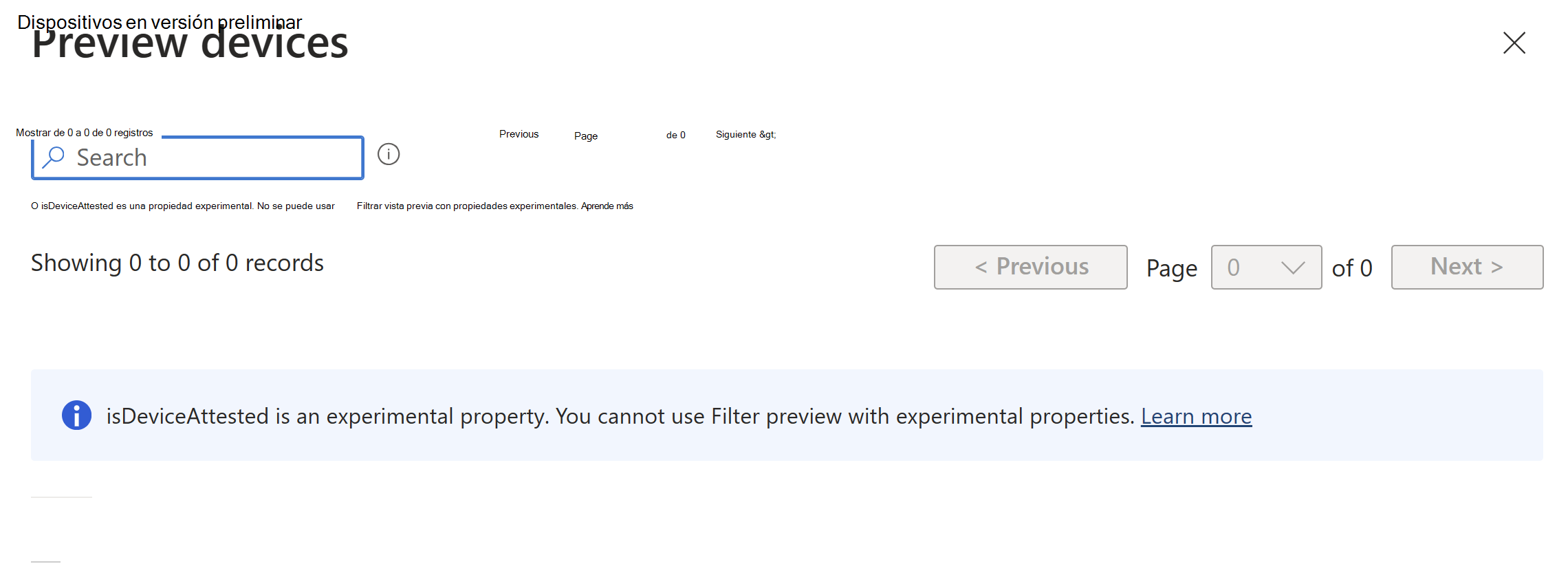 Captura de pantalla que muestra que no se puede usar el mensaje de vista previa del filtro al hacer clic en Vista previa de dispositivos con una propiedad de vista previa en la sintaxis de la regla de filtro en Microsoft Intune.