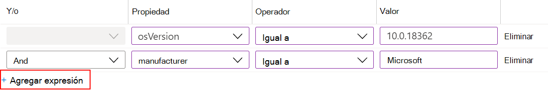 Captura de pantalla que muestra cómo usar el generador de reglas en Microsoft Intune para crear un filtro de expresión y asignar a las directivas.