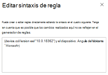 Captura de pantalla que muestra cómo usar el generador de expresiones para escribir la sintaxis de la regla en Microsoft Intune.