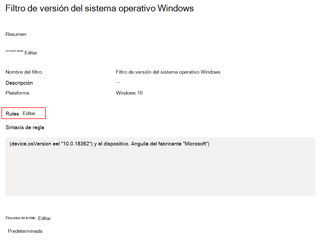 Captura de pantalla que muestra cómo cambiar o actualizar un filtro existente en Microsoft Intune.