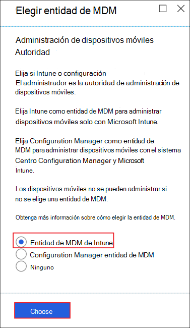 Imagen de la hoja Elegir entidad de MDM