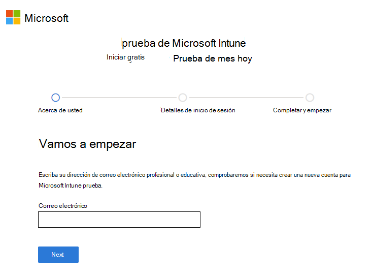 Captura de pantalla de la página Microsoft Intune configurar la cuenta: Escriba el correo electrónico