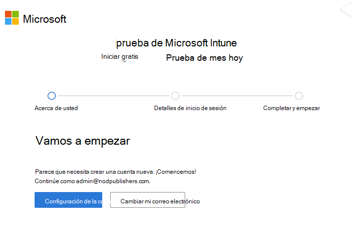 Captura de pantalla de la página Cuenta de configuración de Microsoft Intune: cuenta de configuración