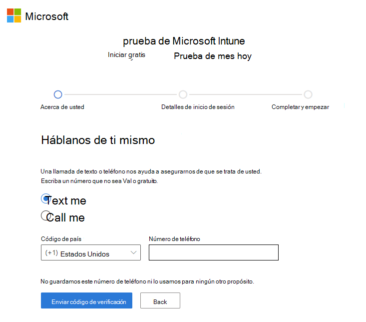 Captura de pantalla de la página Cuenta de configuración de Microsoft Intune: Enviar código de verificación