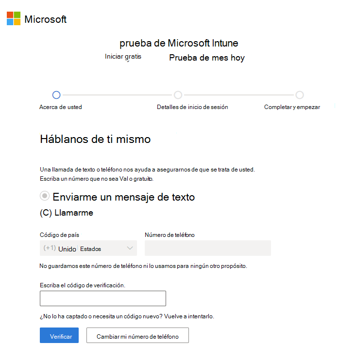 Captura de pantalla de la página Cuenta de configuración de Microsoft Intune: compruebe el código