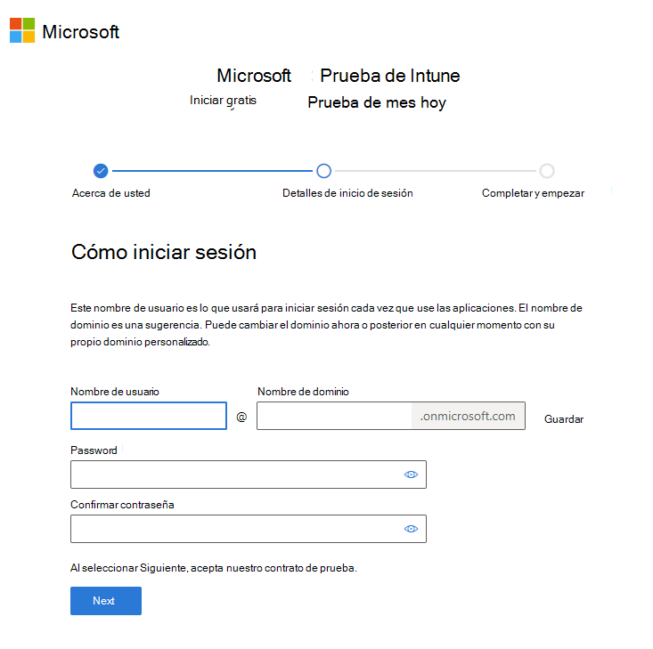 Captura de pantalla de la página Microsoft Intune configurar la cuenta: inicio de sesión