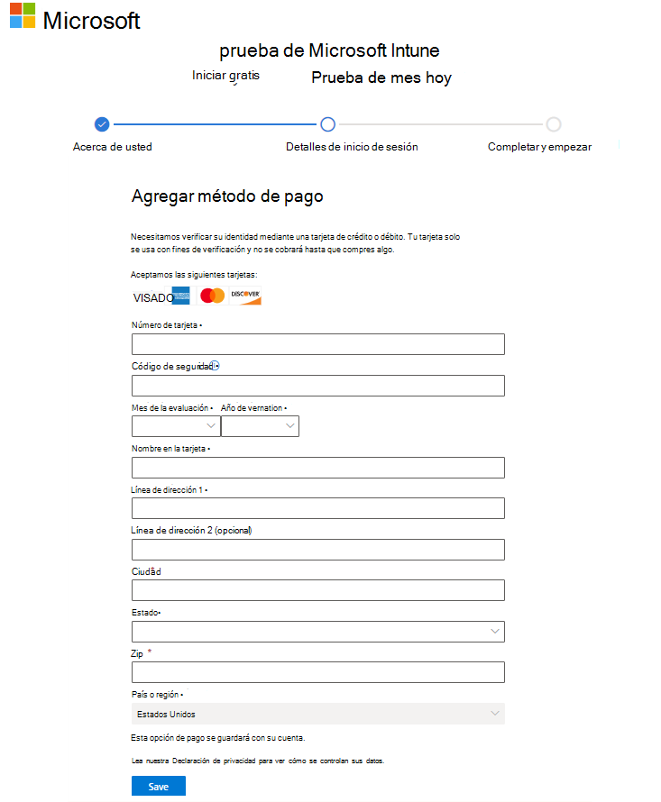 Captura de pantalla de la página configurar la cuenta de Microsoft Intune: Agregar método de pago
