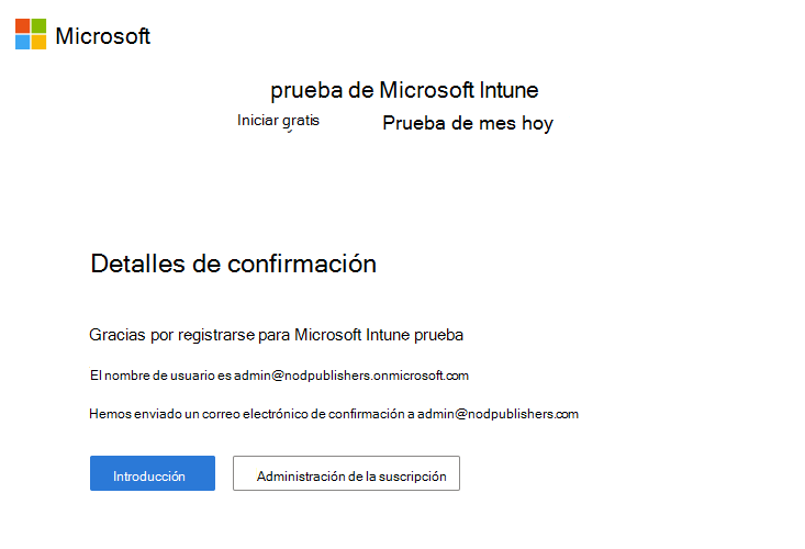 Captura de pantalla de la página configurar la cuenta de Microsoft Intune: detalles de confirmación