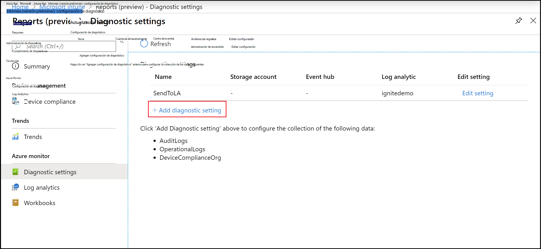 Informes de Intune: agregar configuración de diagnóstico