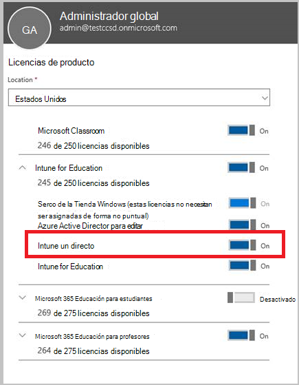 Captura de pantalla de la configuración de la licencia del producto