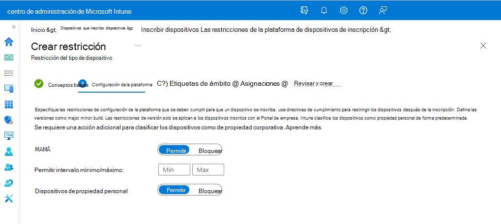 Página Restricciones de configuración de la plataforma.