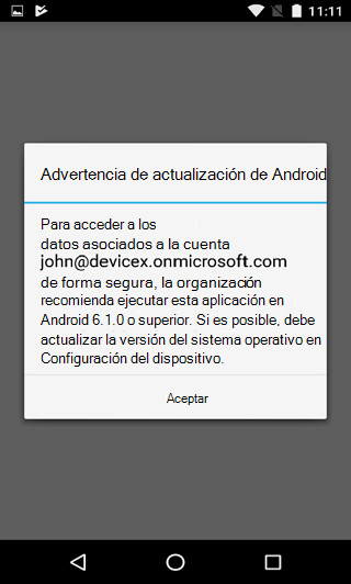 Imagen del cuadro de diálogo de advertencia de actualización de Android