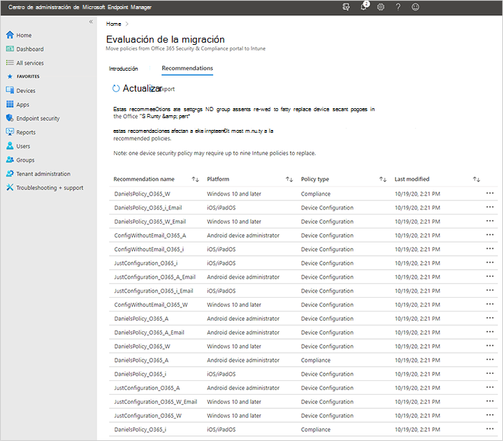 Captura de pantalla del ejemplo de evaluación de migración en el centro de administración de Microsoft Intune después de migrar las directivas de movilidad y seguridad de Microsoft 365 Básico a Intune