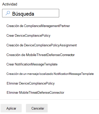 Filtre los registros de auditoría por categoría de cumplimiento y seleccione una actividad en Microsoft Intune y Intune centro de administración.