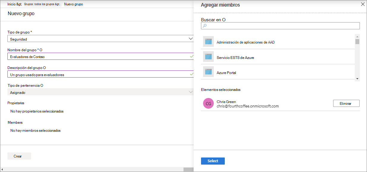 Captura de pantalla de creación de un grupo en Microsoft Intune