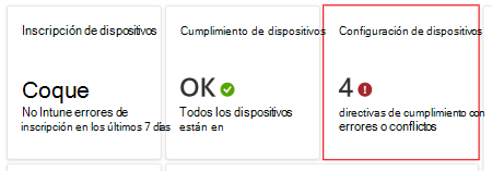 En el panel, seleccione directivas con errores o conflictos para ver los errores o conflictos con los perfiles de configuración del dispositivo en Microsoft Intune y Intune centro de administración.