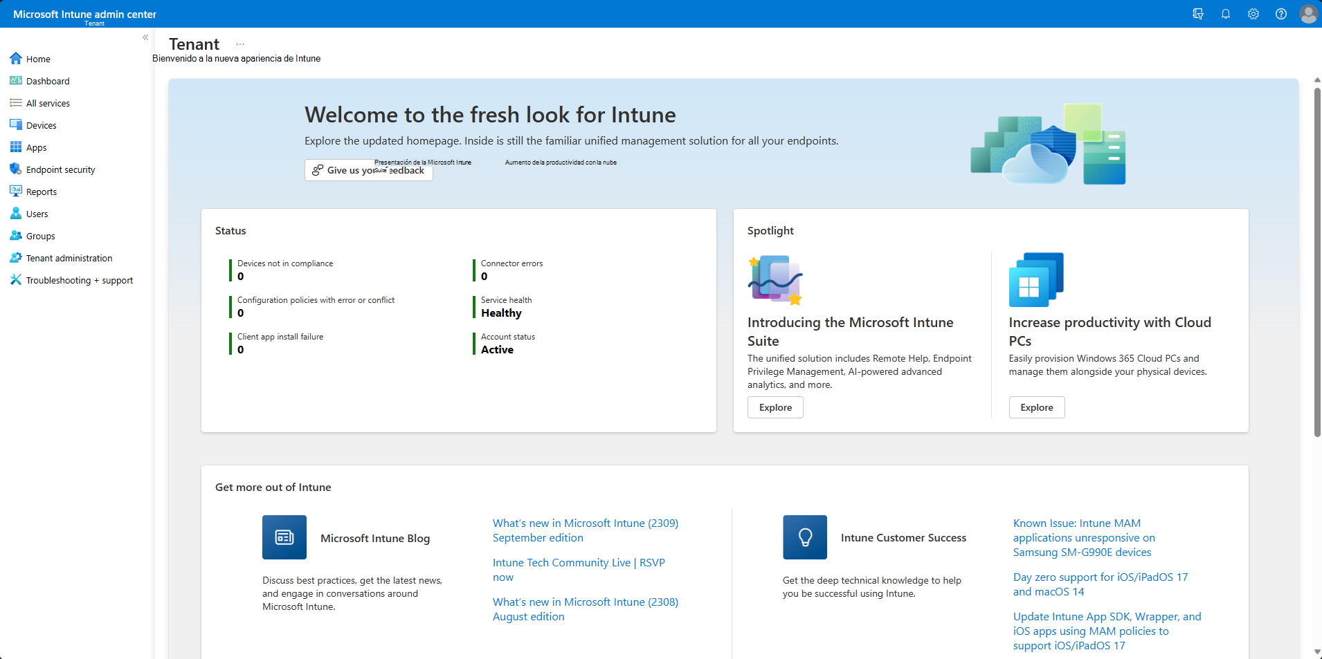 En la página Inicio, seleccione directivas con errores o conflictos para ver los errores o conflictos con los perfiles de configuración del dispositivo en Microsoft Intune y Intune centro de administración.