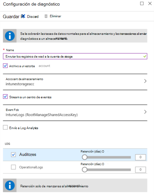 Captura de pantalla que muestra cómo enviar registros de auditoría de Microsoft Intune a una cuenta de Azure Storage.